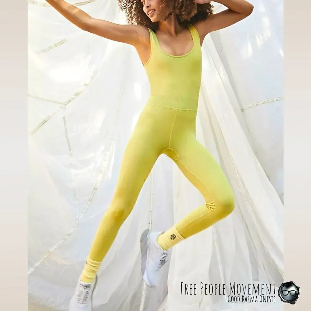 FP MOVEMENT GOOD KARMA ONESIE IN PINEAPPLE PUNCH GREEN-YELLOW SIZE MED/LARGE